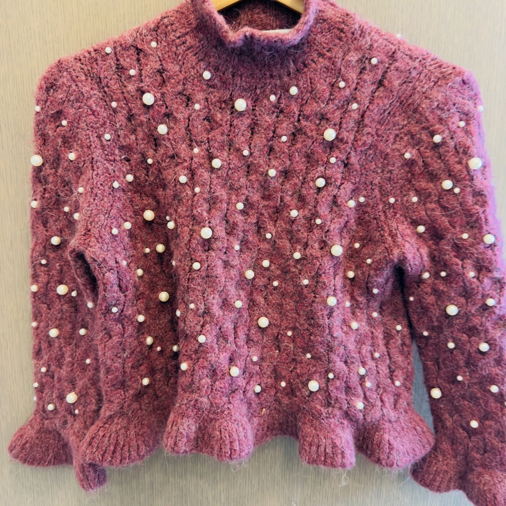 Zara Pearl Embellished Mohair Blend Sweater - Size S
